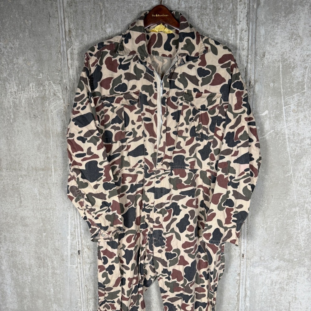 Vintage Saf-T-Bak Frog Skin Camo Cotton Coveralls Mens Utility Flight Suit L